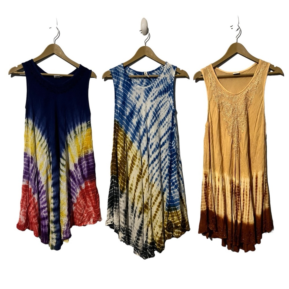 SET OF 3 - One Size Hippie Boho Beachy Tie Dye Flowy Summer Dresses (Free Size)